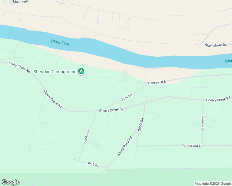 map of restaurants, bars, coffee shops, grocery stores, and more near 21 Osprey Drive West in Thompson Falls