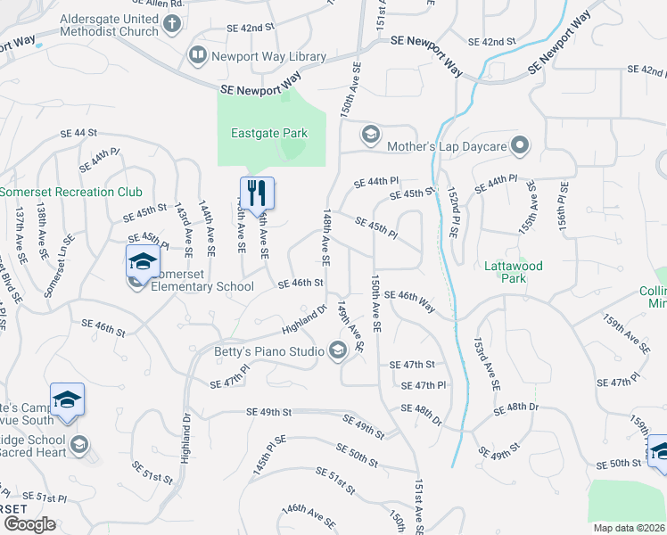 map of restaurants, bars, coffee shops, grocery stores, and more near 4637 149th Avenue Southeast in Bellevue
