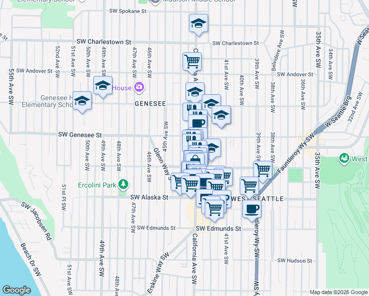 map of restaurants, bars, coffee shops, grocery stores, and more near 4422 44th Avenue Southwest in Seattle