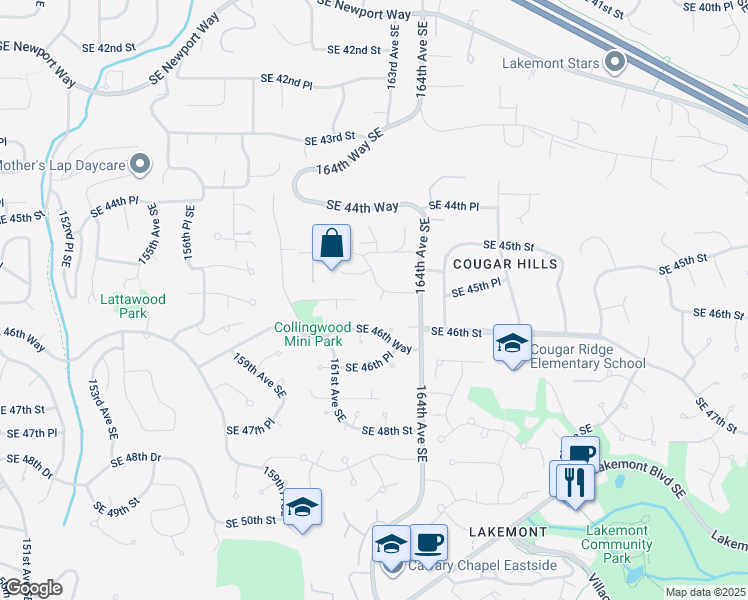 map of restaurants, bars, coffee shops, grocery stores, and more near 4563 162nd Lane Southeast in Bellevue