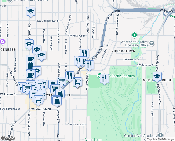 map of restaurants, bars, coffee shops, grocery stores, and more near 35th Ave SW & SW Avalon Way in Seattle