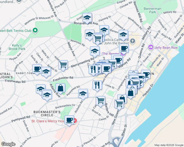 map of restaurants, bars, coffee shops, grocery stores, and more near 8 Cook Street in St. John's