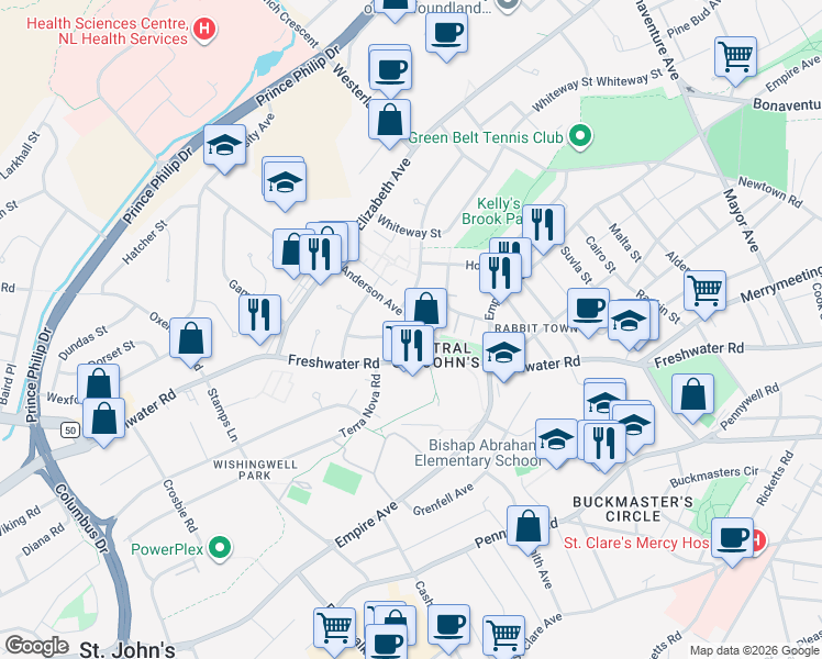 map of restaurants, bars, coffee shops, grocery stores, and more near 7 Anderson Avenue in St. John's