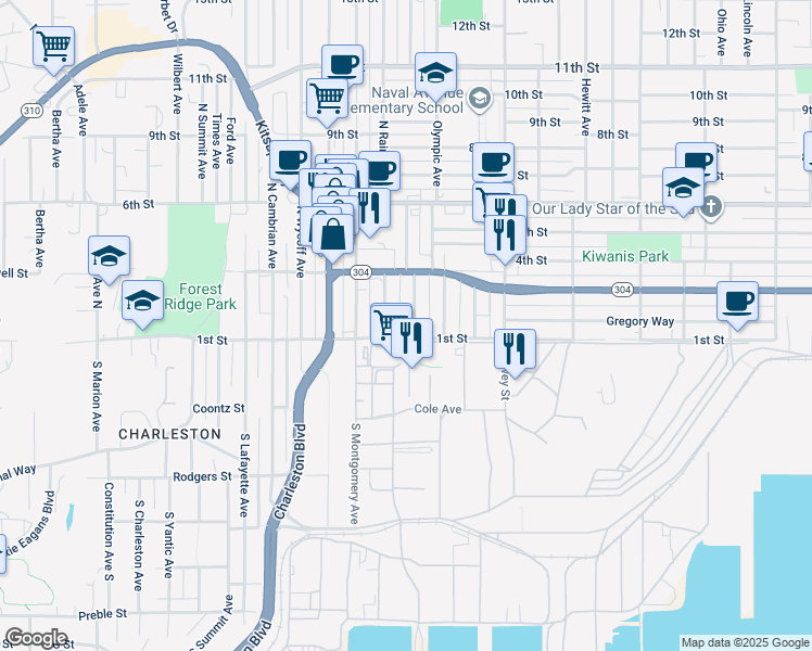 map of restaurants, bars, coffee shops, grocery stores, and more near 115 Bloomington Avenue in Bremerton