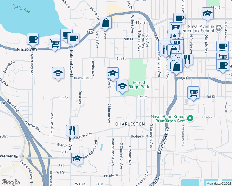 map of restaurants, bars, coffee shops, grocery stores, and more near 3400 1st Street in Bremerton