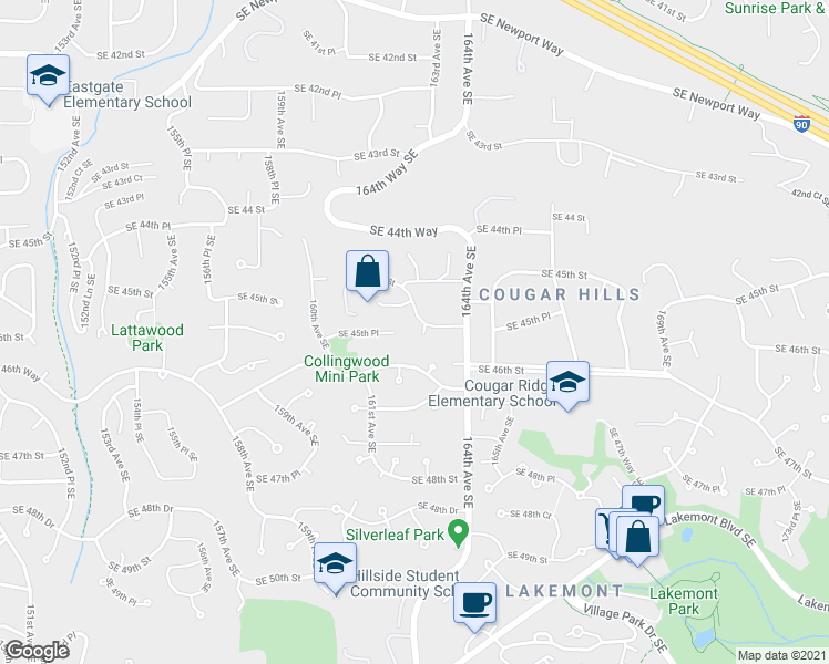 map of restaurants, bars, coffee shops, grocery stores, and more near 16200 Southeast 46th Way in Bellevue