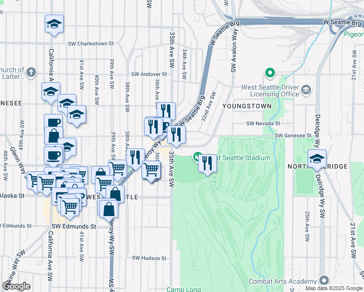 map of restaurants, bars, coffee shops, grocery stores, and more near 3501 Southwest Avalon Way in Seattle