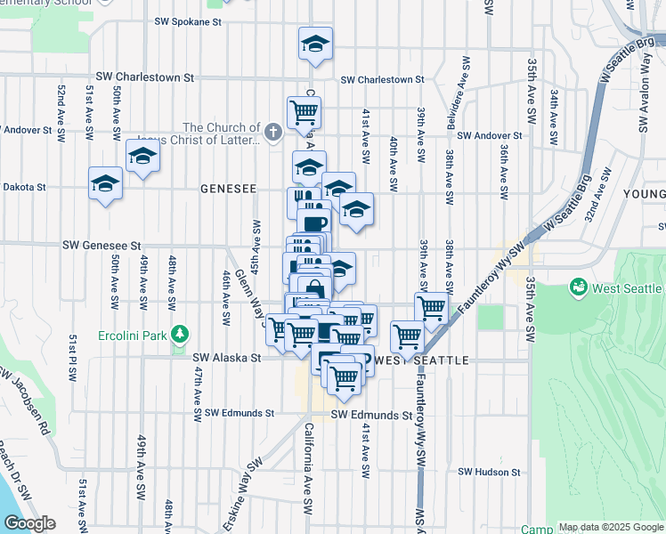 map of restaurants, bars, coffee shops, grocery stores, and more near 4456 42nd Avenue Southwest in Seattle