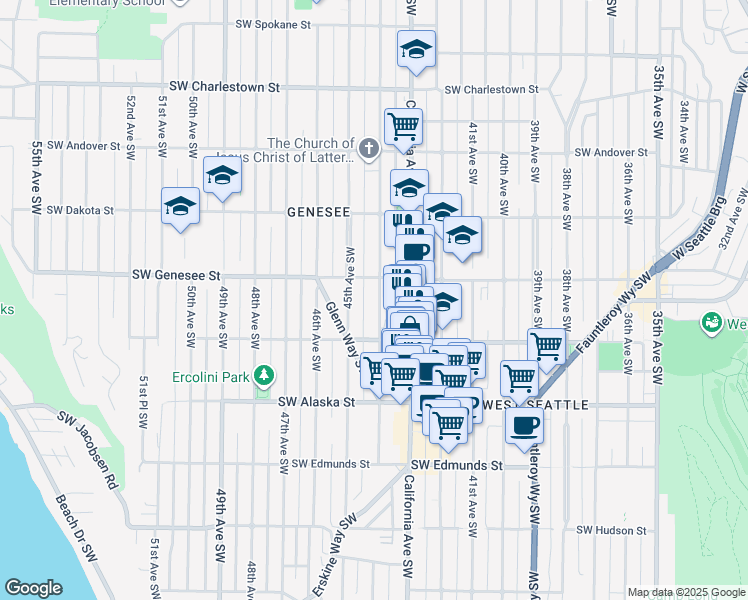 map of restaurants, bars, coffee shops, grocery stores, and more near 4444 44th Avenue Southwest in Seattle