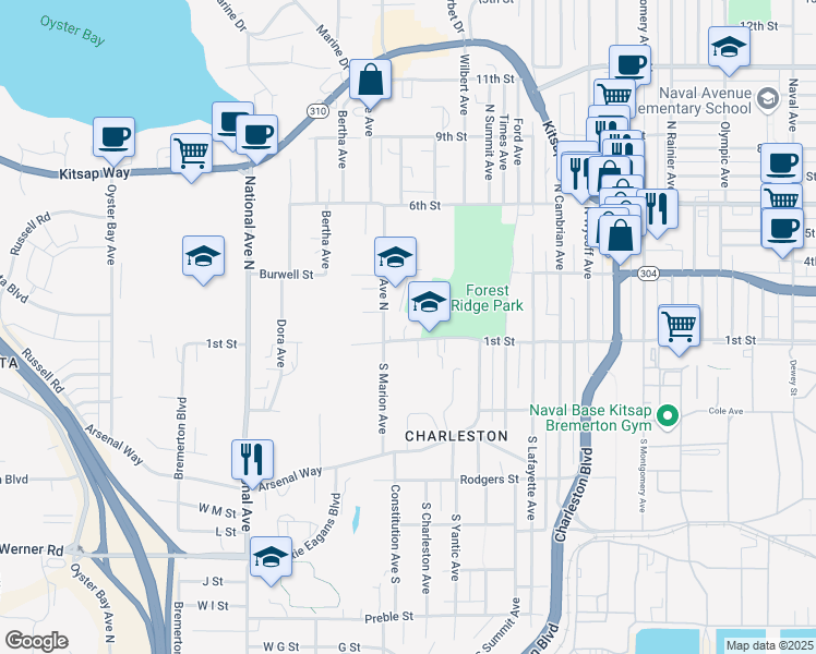 map of restaurants, bars, coffee shops, grocery stores, and more near 3321 1st Street in Bremerton