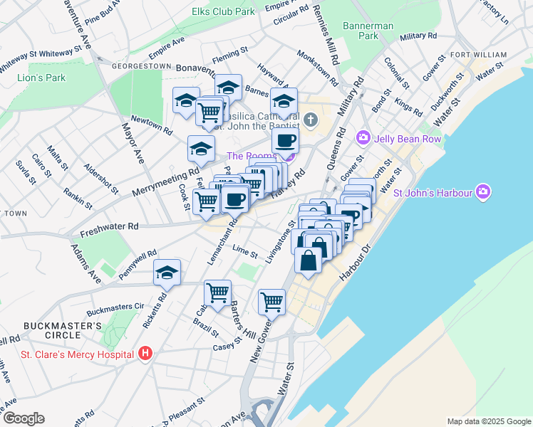 map of restaurants, bars, coffee shops, grocery stores, and more near 22 Young Street in St. John's