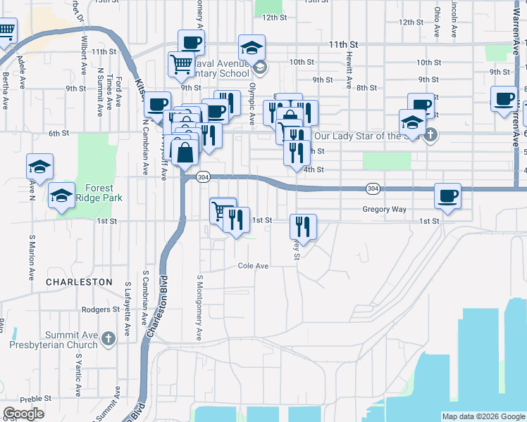 map of restaurants, bars, coffee shops, grocery stores, and more near 103 Olympic Avenue in Bremerton