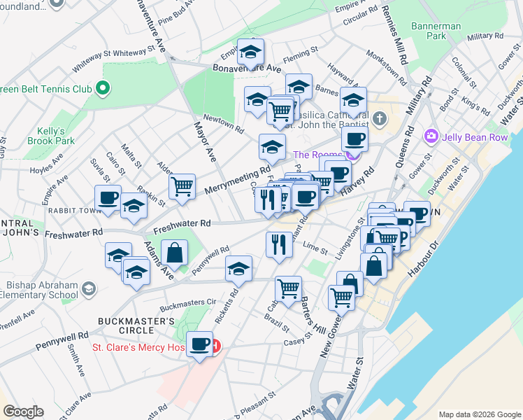 map of restaurants, bars, coffee shops, grocery stores, and more near 4 Pennywell Road in St. John's