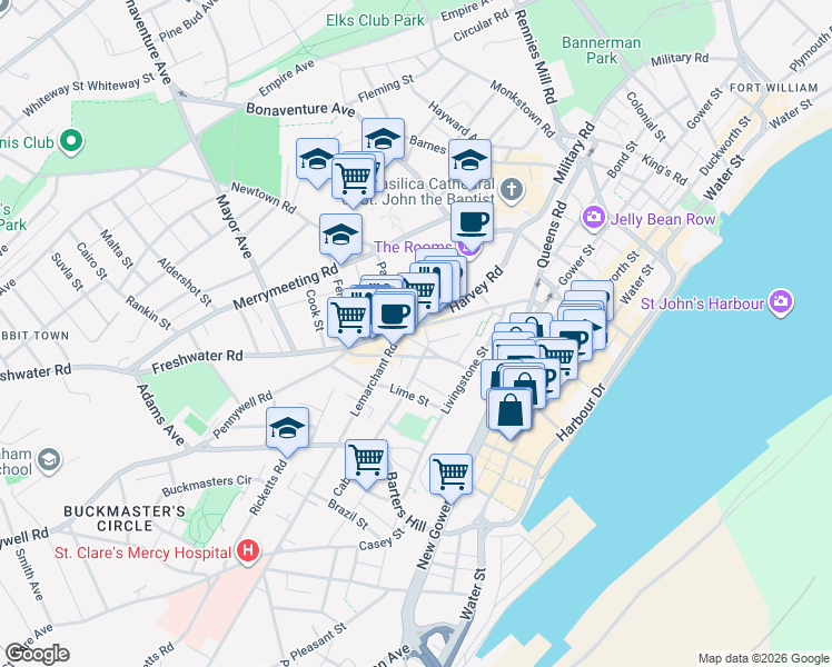map of restaurants, bars, coffee shops, grocery stores, and more near 117 Long's Hill in St. John's