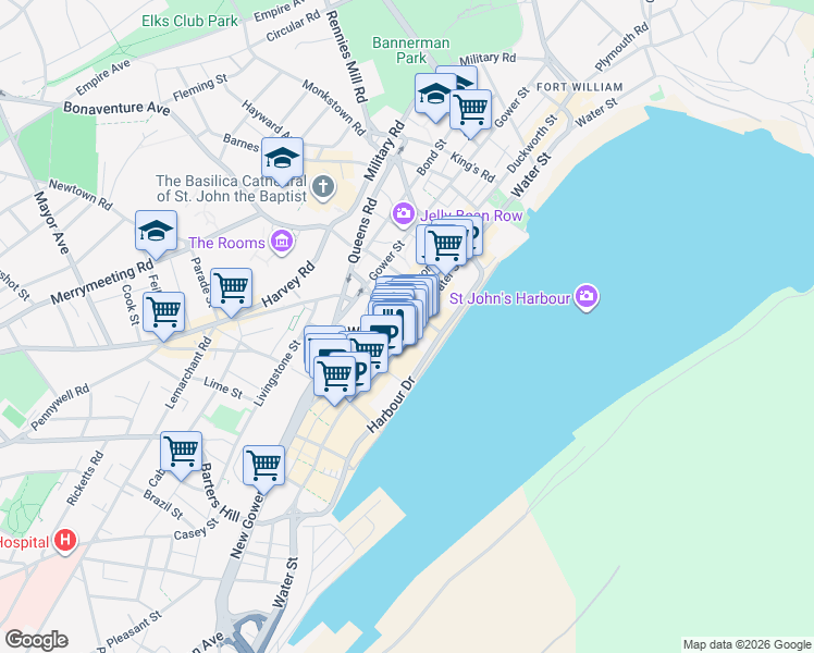 map of restaurants, bars, coffee shops, grocery stores, and more near 200 Water Street in St. John's