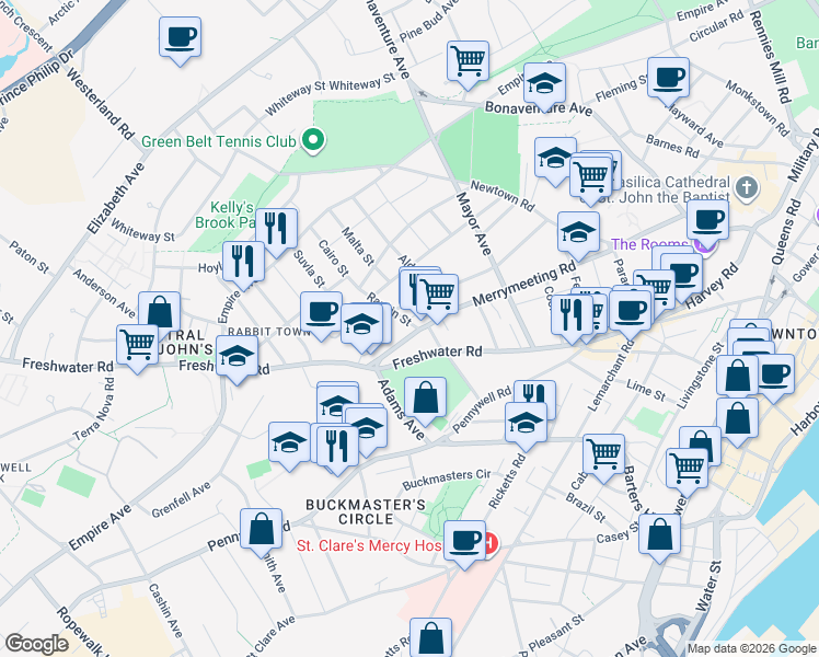 map of restaurants, bars, coffee shops, grocery stores, and more near 1 Rankin Street in St. John's