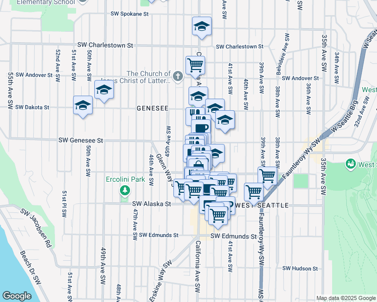 map of restaurants, bars, coffee shops, grocery stores, and more near 4444 44th Avenue Southwest in Seattle