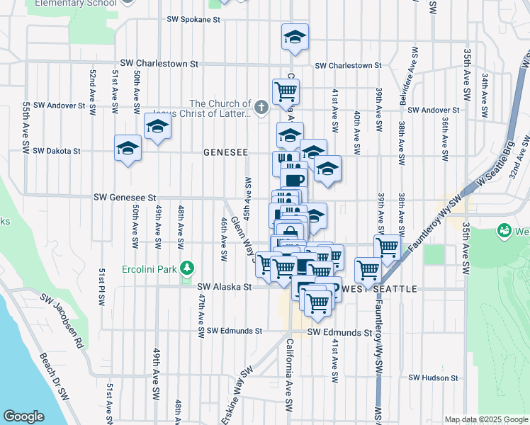 map of restaurants, bars, coffee shops, grocery stores, and more near 4444 44th Avenue Southwest in Seattle