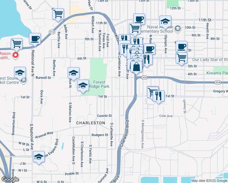 map of restaurants, bars, coffee shops, grocery stores, and more near 104 South Lafayette Avenue in Bremerton
