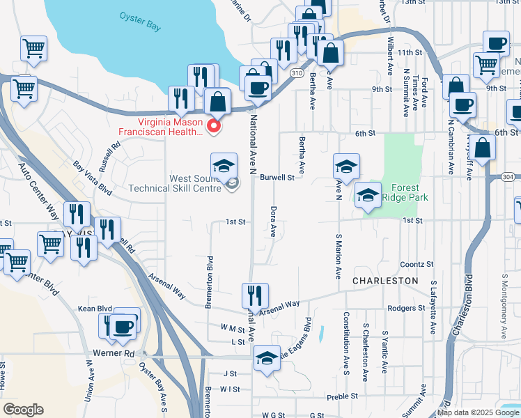 map of restaurants, bars, coffee shops, grocery stores, and more near 102 National Avenue West in Bremerton