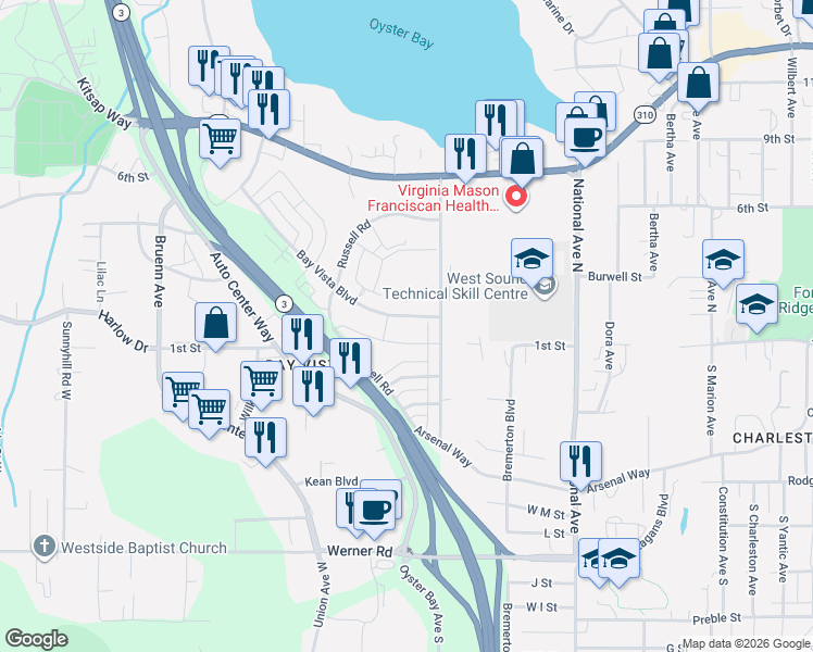 map of restaurants, bars, coffee shops, grocery stores, and more near 4432 Abalone Street in Bremerton