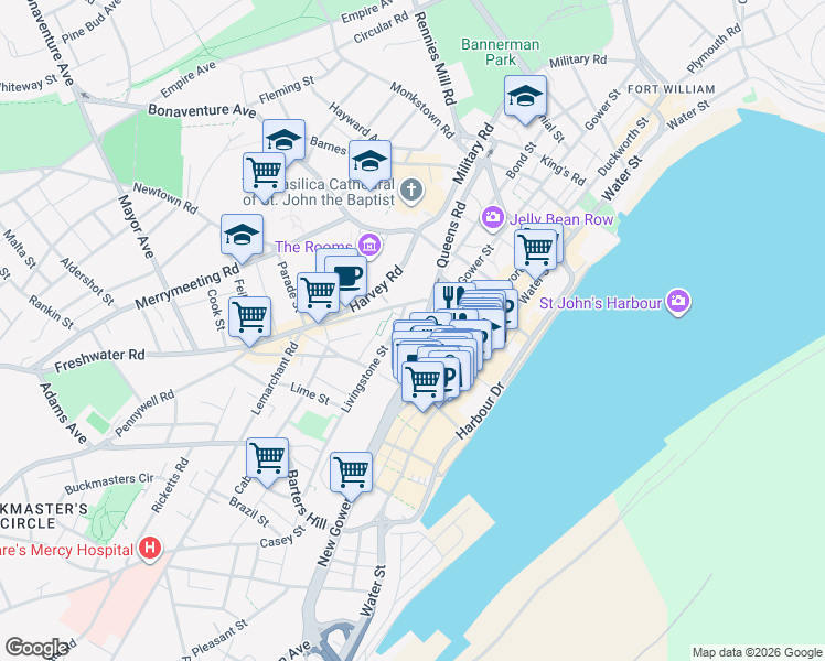 map of restaurants, bars, coffee shops, grocery stores, and more near 2 Allan Square in St. John's