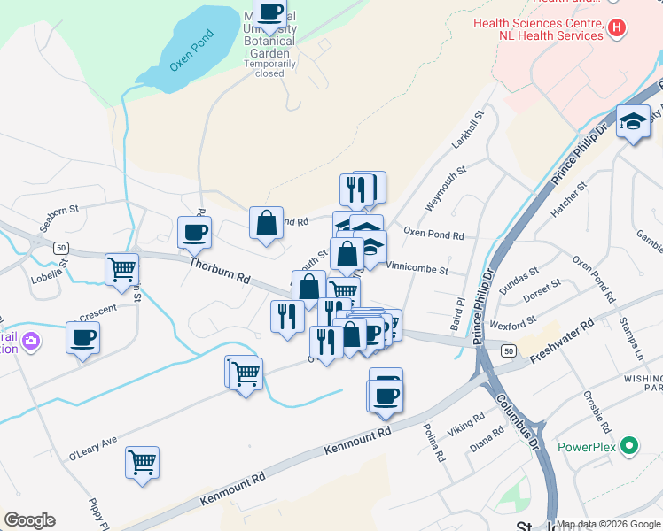 map of restaurants, bars, coffee shops, grocery stores, and more near 11 Donegal Place in St. John's