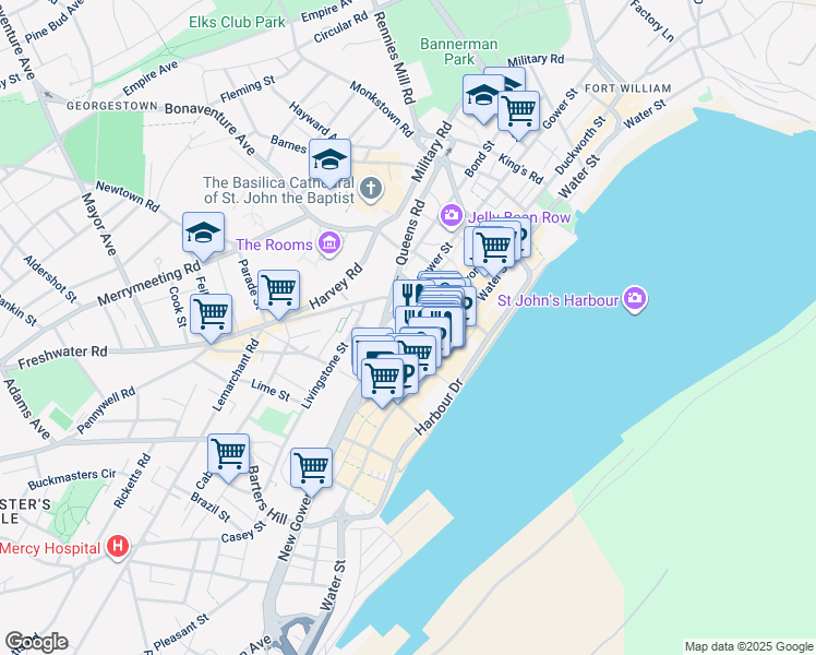 map of restaurants, bars, coffee shops, grocery stores, and more near 24 Henry Street in St. John's