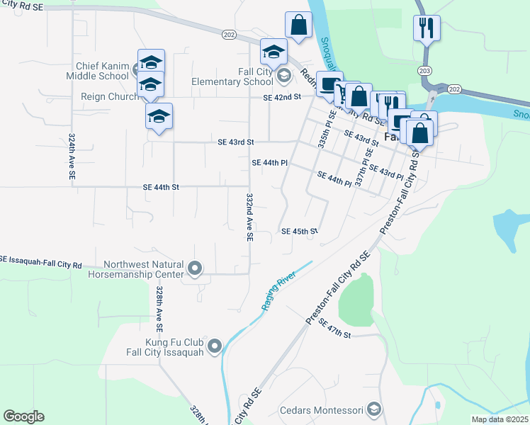 map of restaurants, bars, coffee shops, grocery stores, and more near 33224 Southeast 45th Street in Fall City