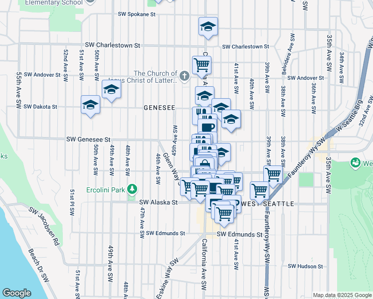 map of restaurants, bars, coffee shops, grocery stores, and more near 4444 44th Avenue Southwest in Seattle