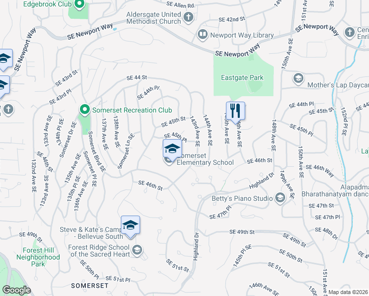 map of restaurants, bars, coffee shops, grocery stores, and more near 14213 Southeast 45th Place in Bellevue