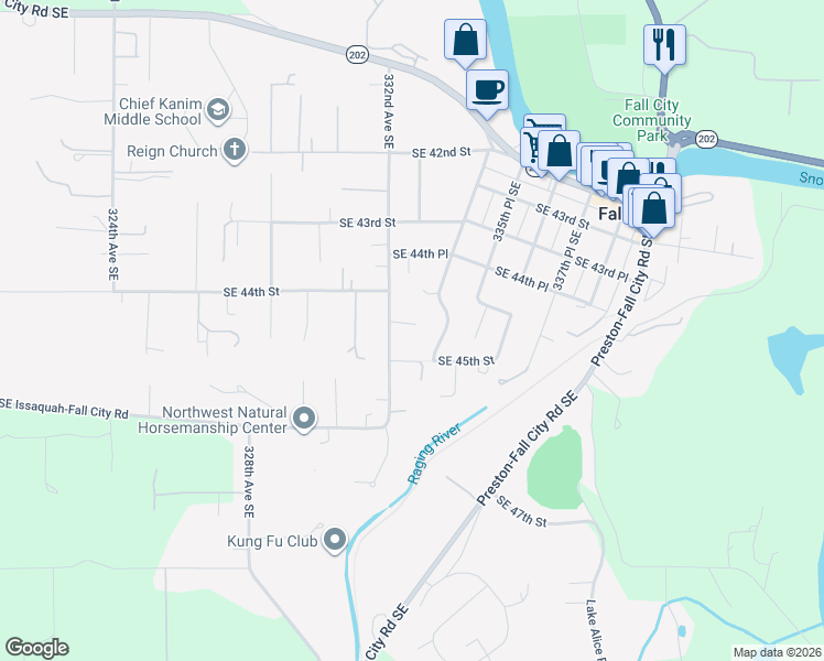 map of restaurants, bars, coffee shops, grocery stores, and more near 4462 332nd Avenue Southeast in Fall City