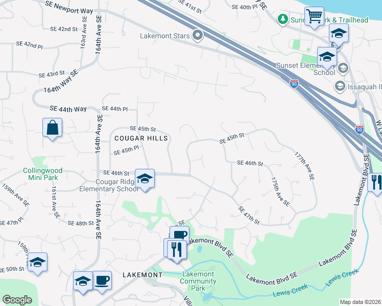 map of restaurants, bars, coffee shops, grocery stores, and more near 16912 Southeast 45th Street in Bellevue