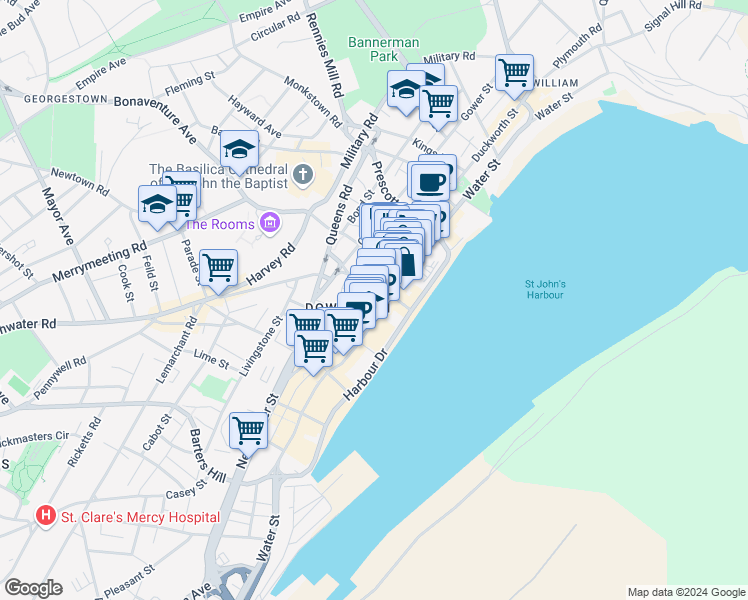 map of restaurants, bars, coffee shops, grocery stores, and more near 202 Water Street in St. John's