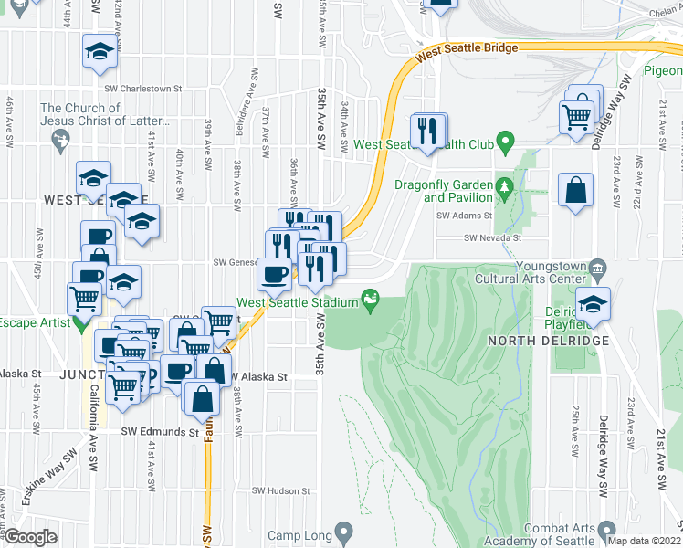 map of restaurants, bars, coffee shops, grocery stores, and more near 3218 Southwest Genesee Street in Seattle