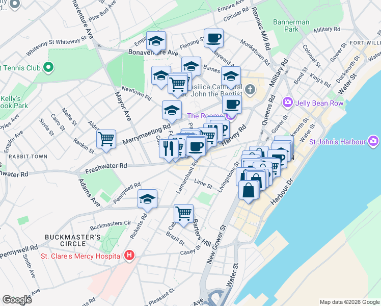 map of restaurants, bars, coffee shops, grocery stores, and more near 12 Freshwater Road in St. John's