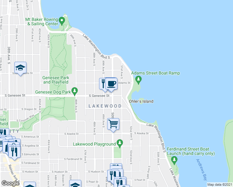 map of restaurants, bars, coffee shops, grocery stores, and more near 4209 51st Avenue South in Seattle