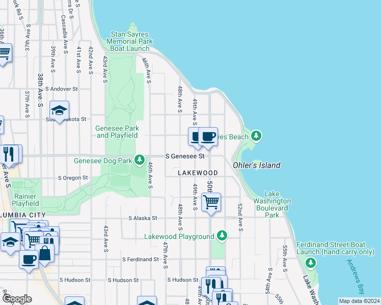 map of restaurants, bars, coffee shops, grocery stores, and more near 4207 49th Avenue South in Seattle