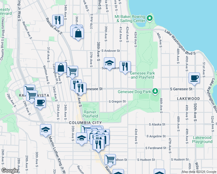 map of restaurants, bars, coffee shops, grocery stores, and more near 4140 Cascadia Avenue South in Seattle