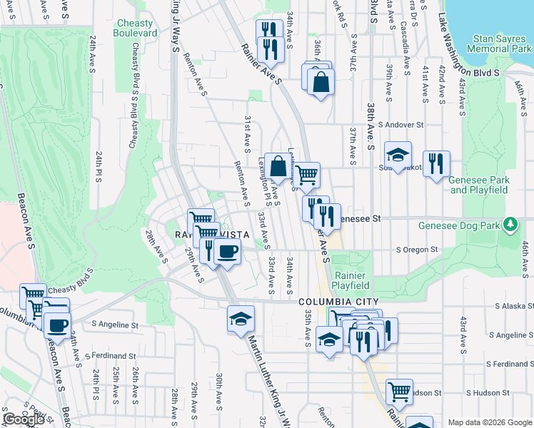 map of restaurants, bars, coffee shops, grocery stores, and more near 4138 Renton Avenue South in Seattle