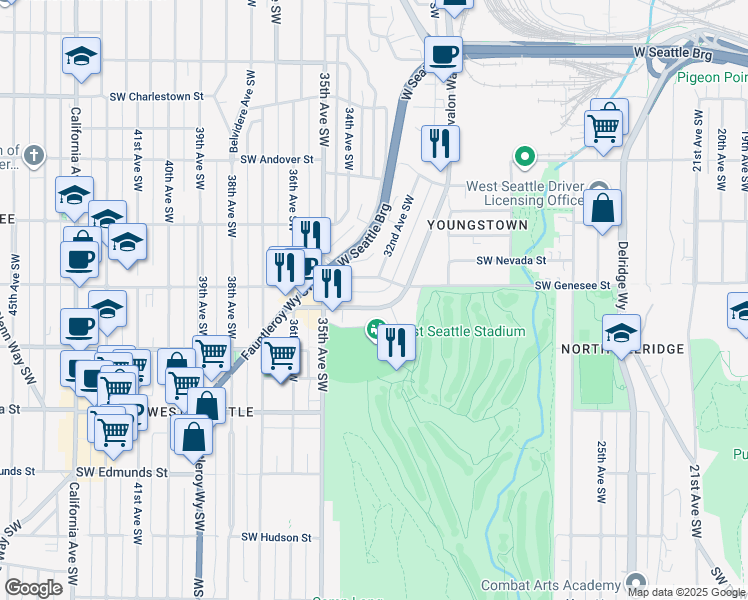 map of restaurants, bars, coffee shops, grocery stores, and more near 3218 Southwest Genesee Street in Seattle