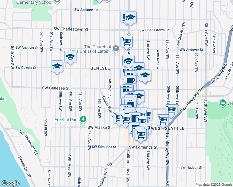 map of restaurants, bars, coffee shops, grocery stores, and more near 4156 44th Avenue Southwest in Seattle
