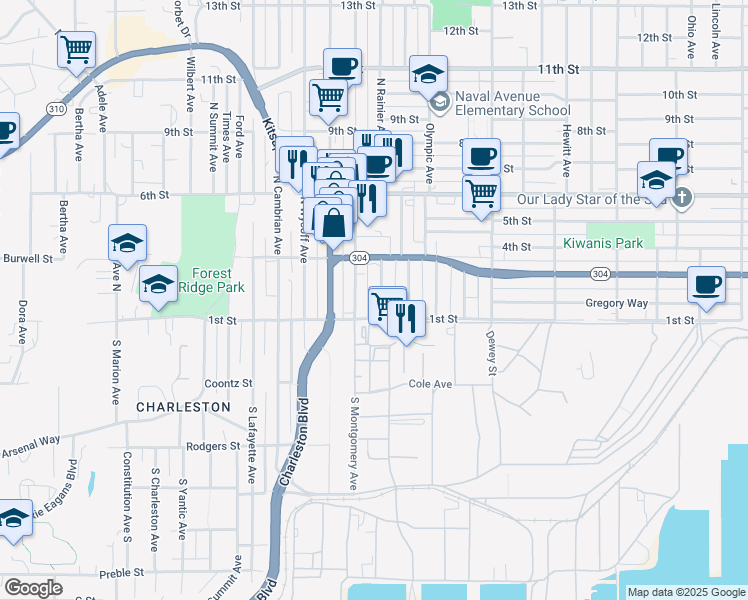 map of restaurants, bars, coffee shops, grocery stores, and more near 122 North Montgomery Avenue in Bremerton