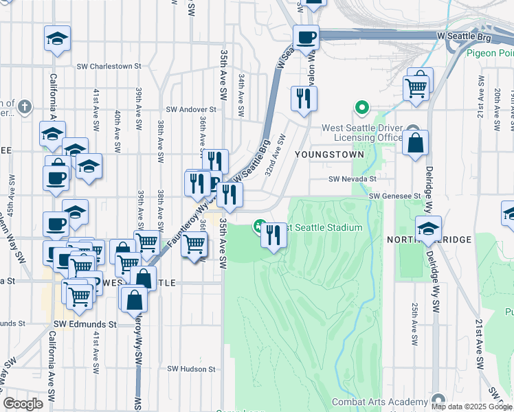 map of restaurants, bars, coffee shops, grocery stores, and more near 3218 Southwest Genesee Street in Seattle