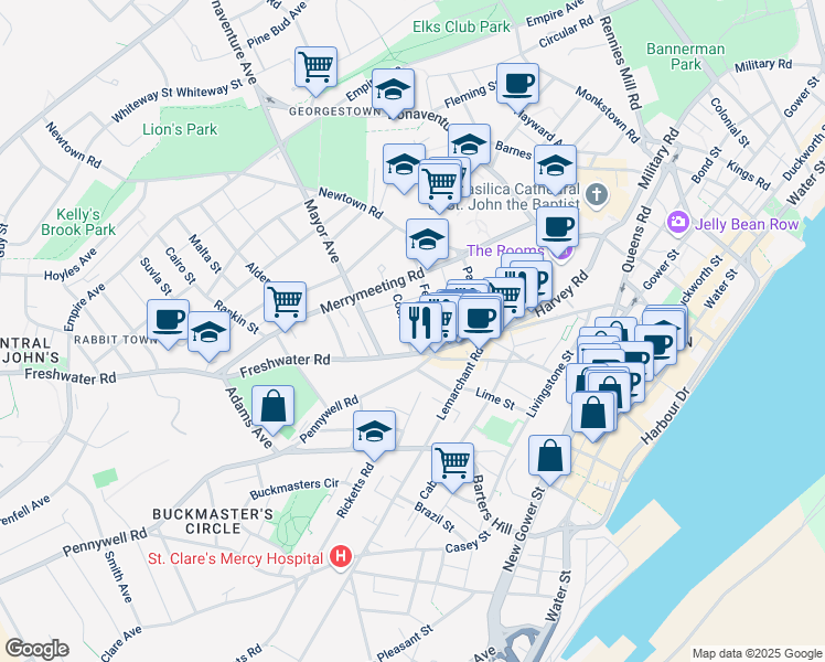 map of restaurants, bars, coffee shops, grocery stores, and more near 18 Cook Street in St. John's