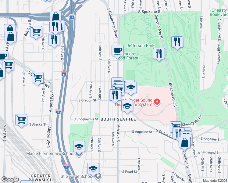 map of restaurants, bars, coffee shops, grocery stores, and more near 4329 15th Avenue South in Seattle