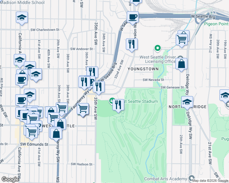map of restaurants, bars, coffee shops, grocery stores, and more near 3230 Southwest Avalon Way in Seattle