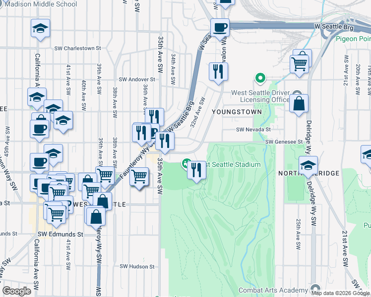 map of restaurants, bars, coffee shops, grocery stores, and more near 3218 Southwest Genesee Street in Seattle