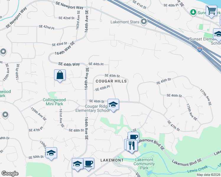 map of restaurants, bars, coffee shops, grocery stores, and more near 16559 Southeast 45th Place in Bellevue