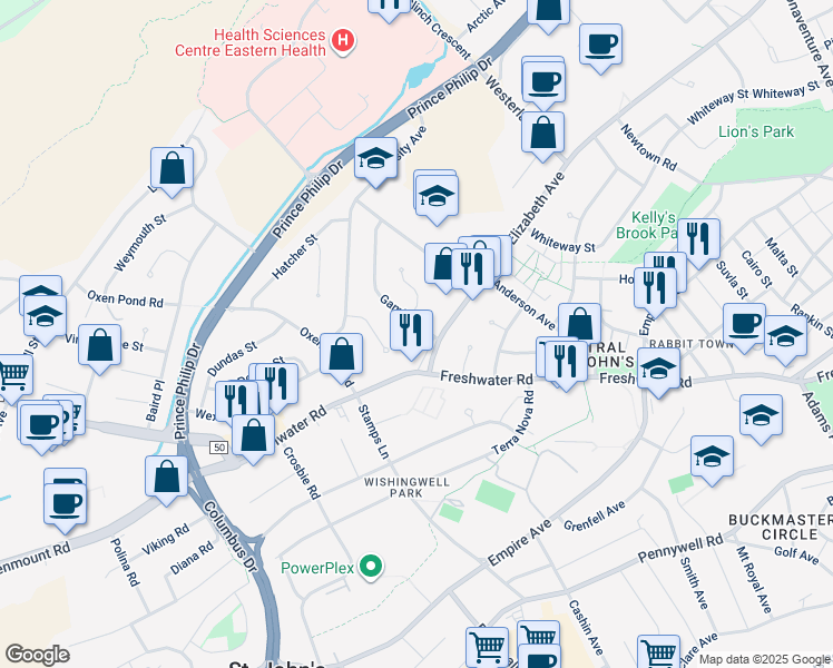 map of restaurants, bars, coffee shops, grocery stores, and more near 7 Gambier Street in St. John's
